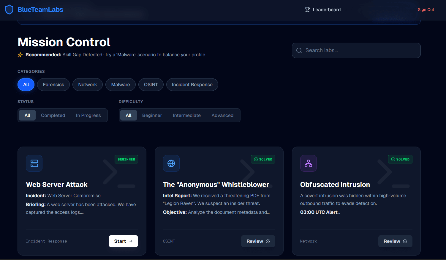 BlueTeamLabs Dashboard Interface